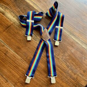 Vintage Navy Rainbow Suspenders – 2" Wide Elastic, Leather Patch, Clips
